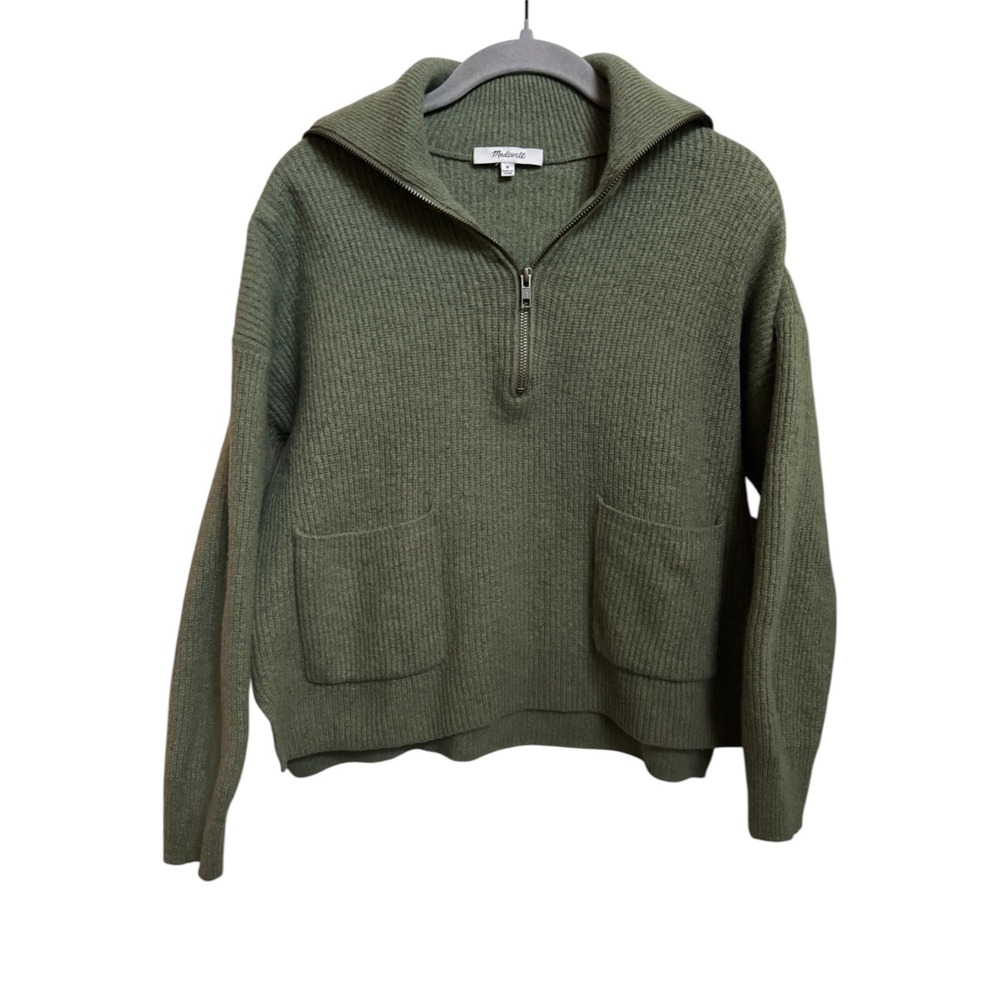 Madewell Sweater Womens Medium Green Merino Wool Quarter Zip Gorpcore Minimalist